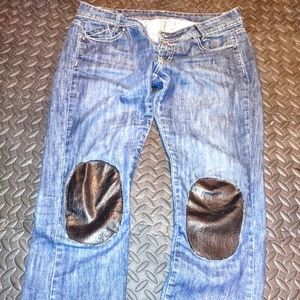 Rare slim straight GIRBAUD jeans, distressed custom goatskin knee covers. 31/32